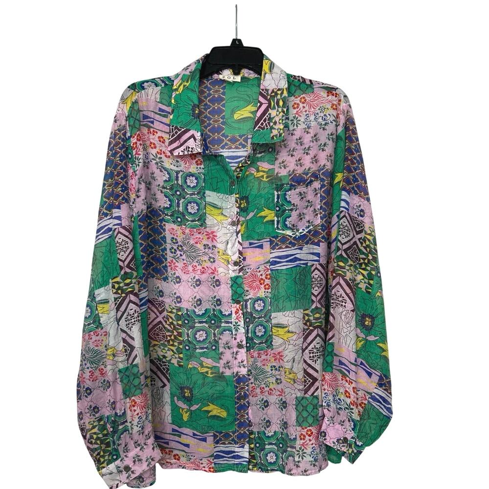Pol Patchwork Multi Print Cotton Button Up Oversi… - image 2